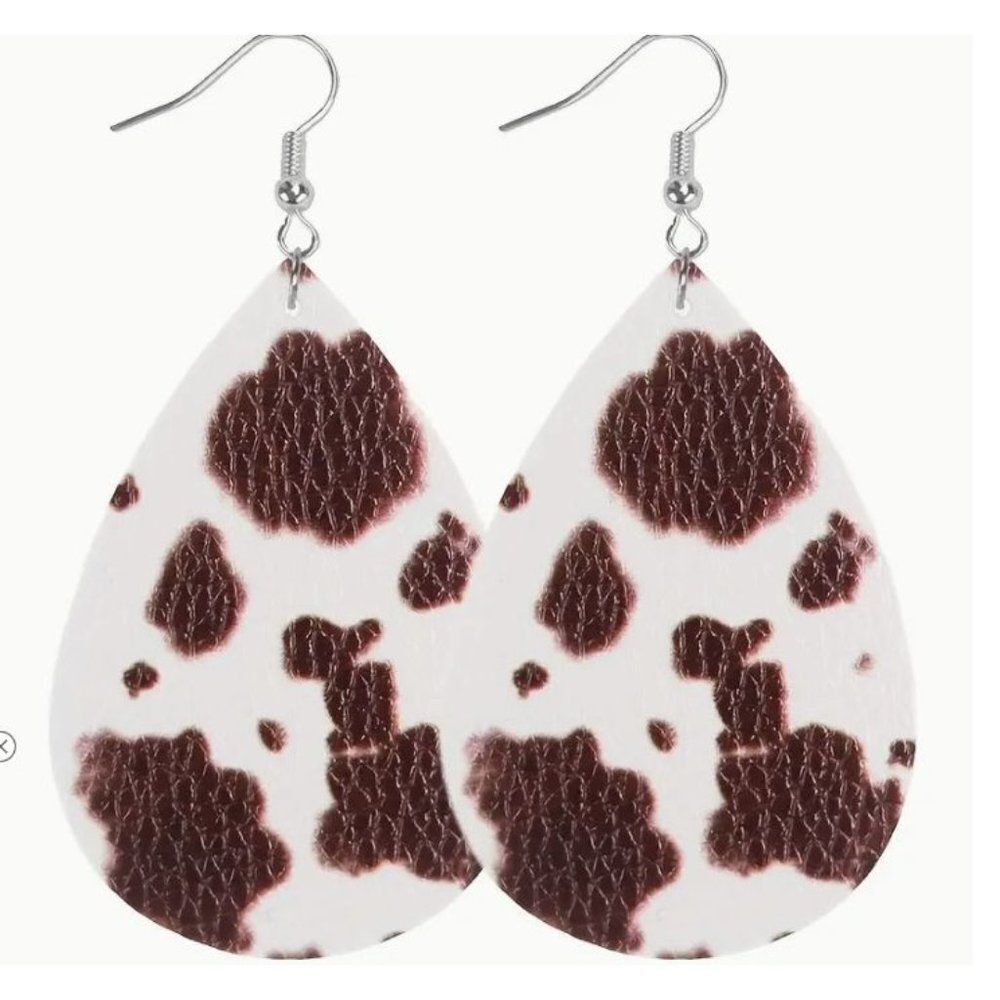 Cow Print Brown White Earrings New